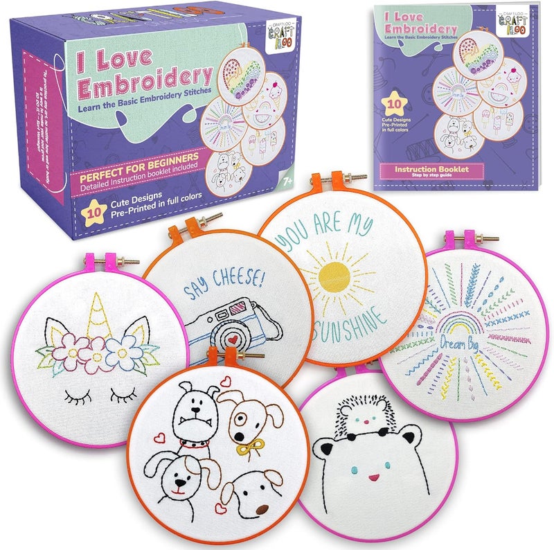 CRAFTILOO 10 Pre-Stamped Embroidery Patterns for Beginners Embroidery Kit for Kids Girls Needlepoint Kits for Beginners Cross Stitch Craft Sewing Perfect for Ages 7-13 - Image 1